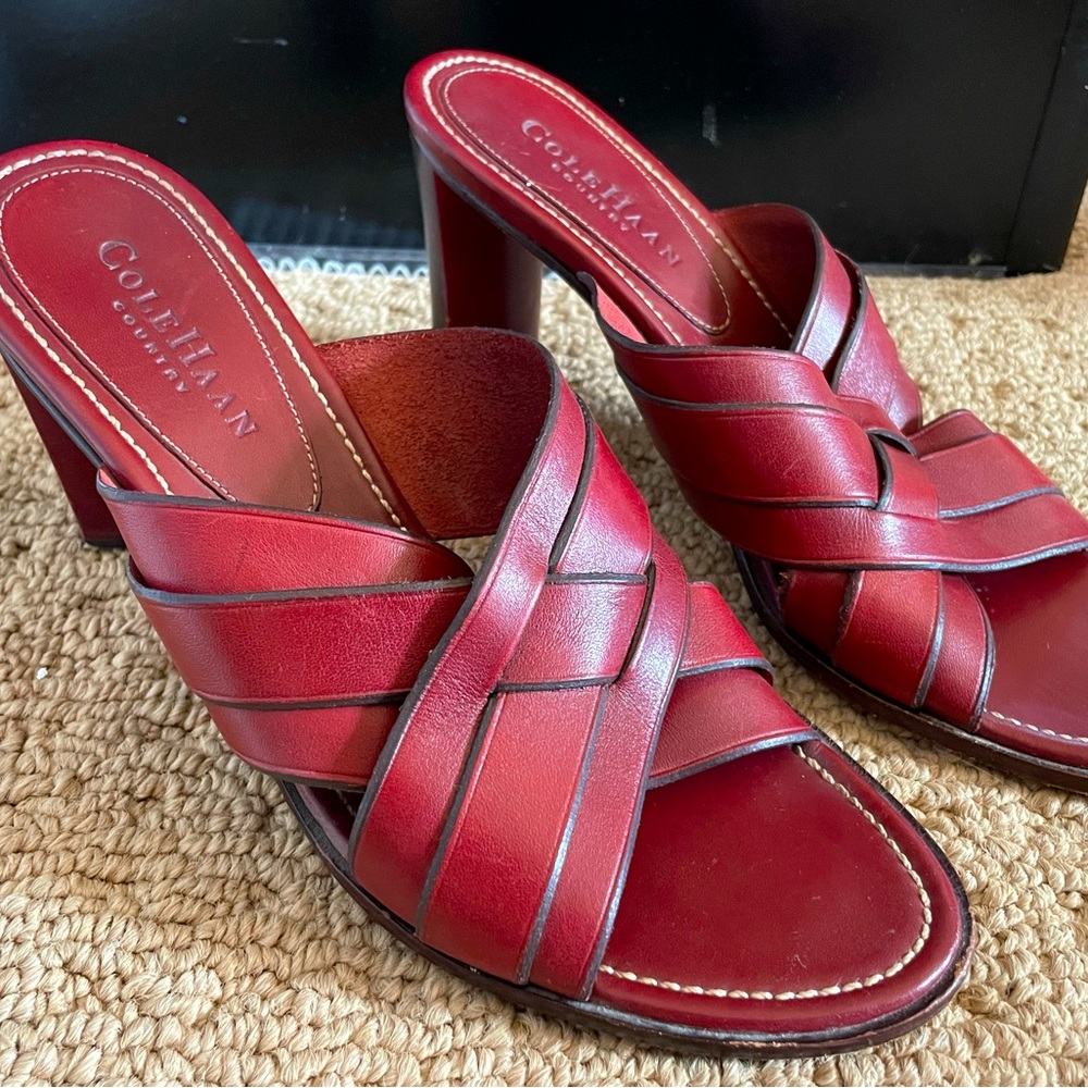 Cole Haan mule style high heeled sandals in red leather